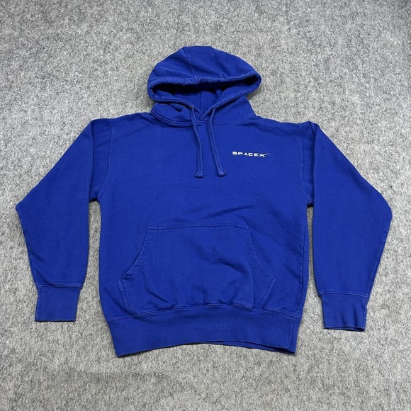 SpaceX Hoodie Mens Small Blue Fleece Pullover Sweatshirt Logo Back Graphic Space